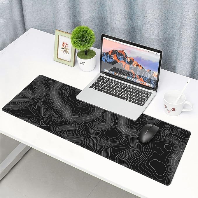 Topography Map Lines Contour Geographic Black XXL XL Large Gaming Mouse Pad for Desk, Non-Slip Long Extended Keyboard Pads Mousepad Rubber Table Mat 31.5 X 11.8 Inch