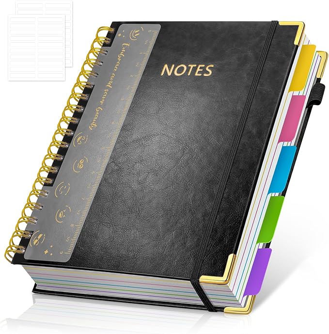 Hardcover Spiral Notebook Journal with Removable PVC Dividers - 8'' x 10'' Large 300 Pages B5 Hardcover Leather Lined Journals Notebook with Tab for Work Note Taking Office Home School Supplies, Black