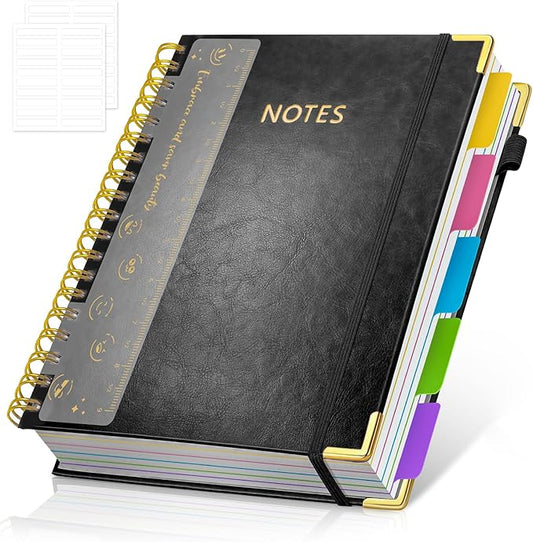Hardcover Spiral Notebook Journal with Removable PVC Dividers - 8'' x 10'' Large 300 Pages B5 Hardcover Leather Lined Journals Notebook with Tab for Work Note Taking Office Home School Supplies, Black