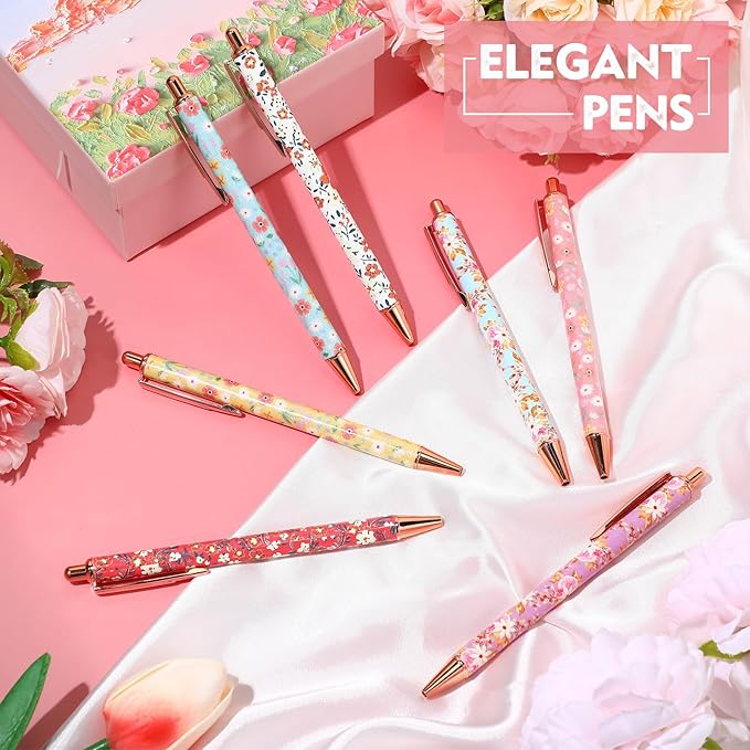 Sherr 7 Pcs Fancy Pens for Women Cute Sparkly Glitter Pens with 10 Pcs Black Ink Refills Pretty Gifts for Girls Office School Christmas Graduation(Floral)