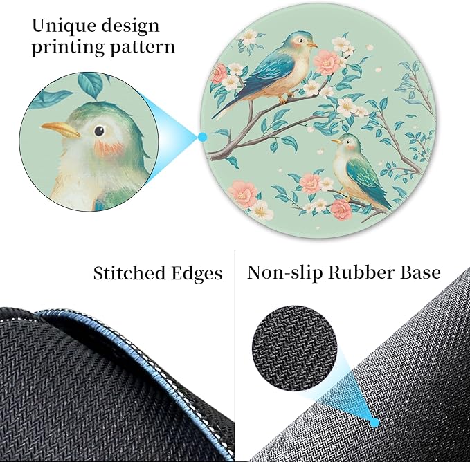 Mouse Pad for Desk, Floral Flower Bird Small Cute Mousepad with Non-Slip Base, Round Mouse Pads for Wireless Mouse Laptop Gaming, Computer Mouse Mat for Home Office Travel Desk Accessories