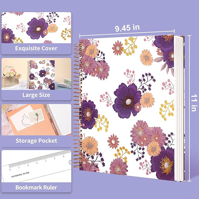 CAGIE Hardcover Spiral Journal Notebook 8.5 x 11, 200 Pages Floral Spiral Notebook with Pockets, Large Spiral Bound Notebooks for Women Girls Note Taking, Purple
