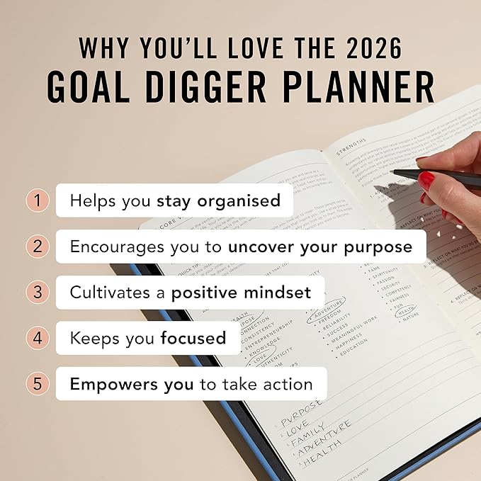 MI GOALS Goal Digger Weekly Planner 2026 | Dated Journal for Gratitude, Progress & Habit Tracking | Weekly Spread Layout, B5 (Element Blue)