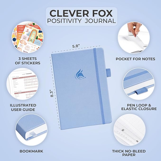 Clever Fox Positivity Journal – Daily Gratitude & Affirmation with Prompts – Motivational Mental Health Notebook with Habit Tracker (Periwinkle)
