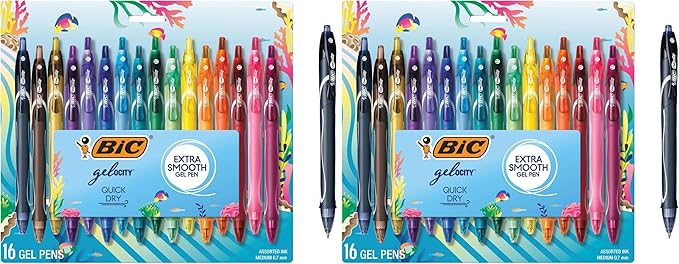BIC Gelocity Quick Dry Ocean Themed Gel Pen Set with Fast-Drying Ink and Retractable Design, 16-Count in Assorted Ink, (Pack of 2)