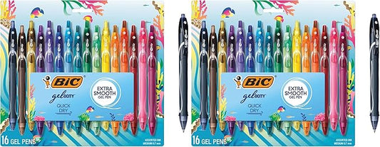BIC Gelocity Quick Dry Ocean Themed Gel Pen Set with Fast-Drying Ink and Retractable Design, 16-Count in Assorted Ink, (Pack of 2)