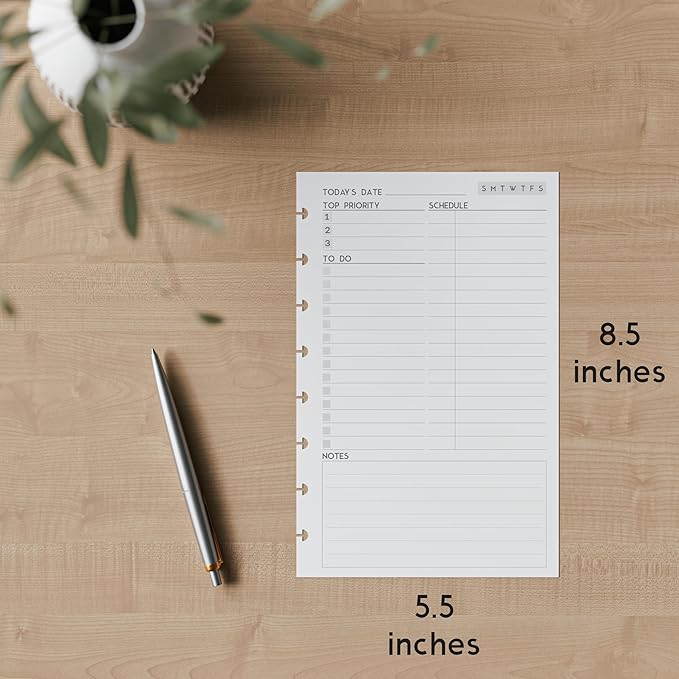 Discbound Undated Daily Plan Paper Refill, 120 GSM, 100 Sheets (200 Pages/Days), 8 Disc Pre-Punched Inserts, Loose Leaf, White, 5.5 inch x 8.5 Inch, Daily To-Do, Notes, and Scheduling