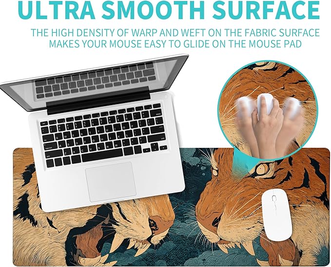 Tiger Gaming Mouse Pad Abstract Yellow Mouse Pad 31.5x11.8 Inch Fierce Claws and Teeth Non-Slip Rubber Base Large Mousepad Stitched Edges Keyboard Mouse Mat Desk Pad for Office and Home