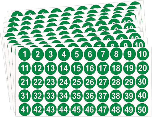 Number Stickers, Consecutive Number Stickers 1-50, 10 Sheets Round Numbers Labels, Green Small Number Sticker Vinyl Numbers Decals for Office, Classroom, Storage, Inventory, Indoor, Outdoor, 1 inch