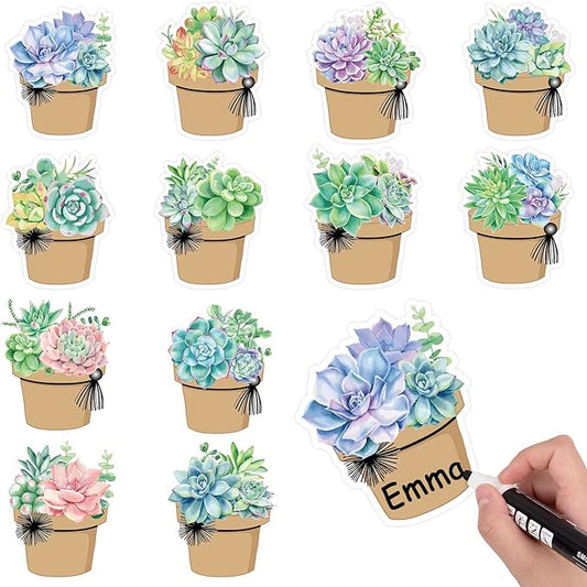 Whaline 120Pcs Back to School Succulent Name Tags 12 Designs Potted Succulent Nameplate Sticekrs Classroom Bulletin Board Decoration Label Stickers for Office School Desk Wall Message Board, 20 Sheet