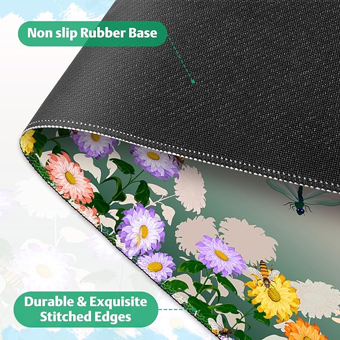 Pink Green Desk Pad Mouse Pad, Large Gaming Mouse Mat with Stitched Edges, Non-Slip Waterproof Rubber Base Mous Mat for Women Office Computer Keyboard Laptop Home (35.4X17.5 in), Floral & Dragonfly