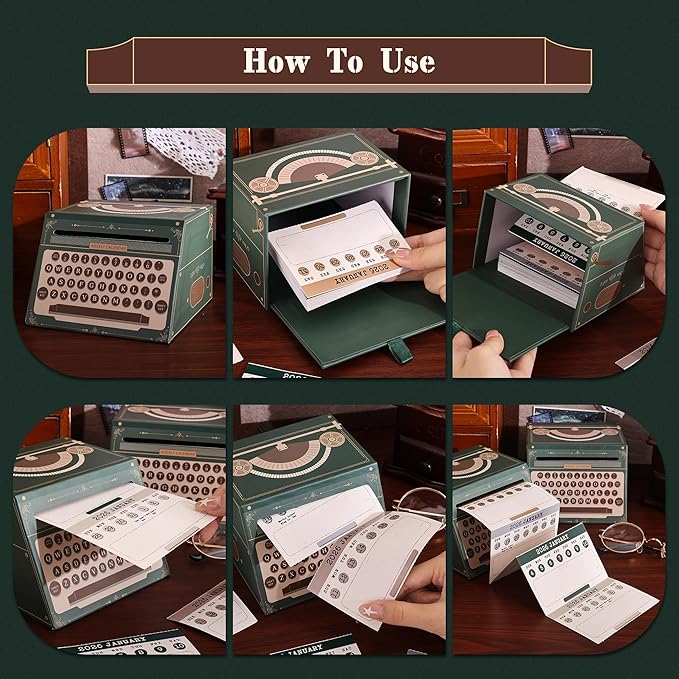 2026 Calendar with Pull-Out Box, Desktop Decoration Weekly Calendar Vintage Typewriter Themed with Tear-off Sheet, Holiday Marking, Ideal New year Gift for Teenage Women Desk accessory Lover
