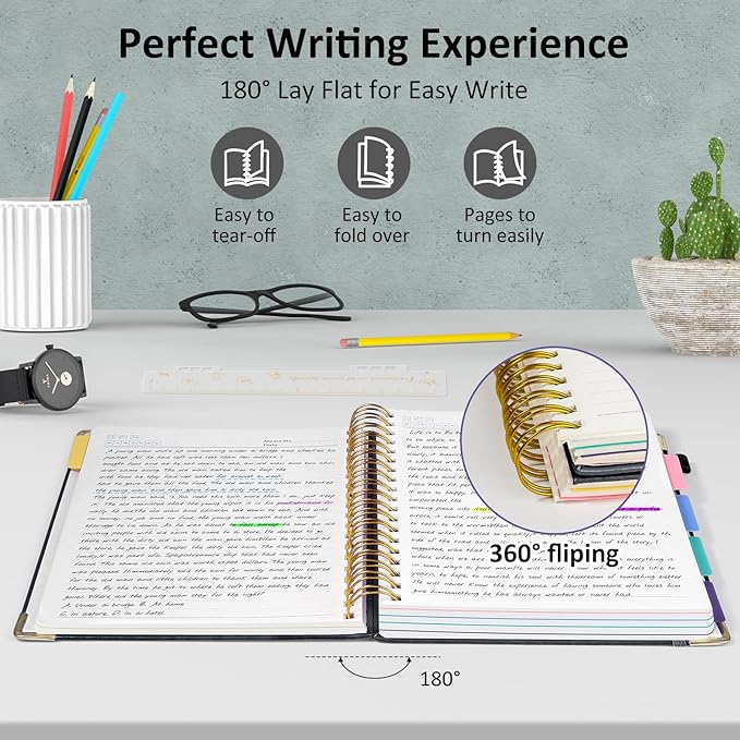 Hardcover Spiral Notebook Journal with Removable PVC Dividers - 8'' x 10'' Large 300 Pages B5 Hardcover Leather Lined Journals Notebook with Tab for Work Note Taking Office Home School Supplies, Black