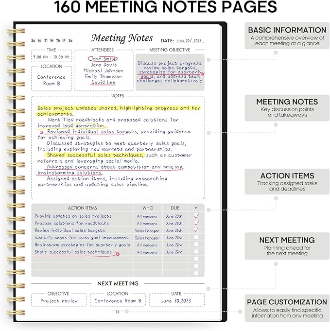 6 Pack of Meeting Notebook for Work Organization - Work Planner Notebook with Action Items, Agenda Planner for Note Taking, 160 Pages (6.9" X 9.9") Project Organizer for Men & Women - Multi