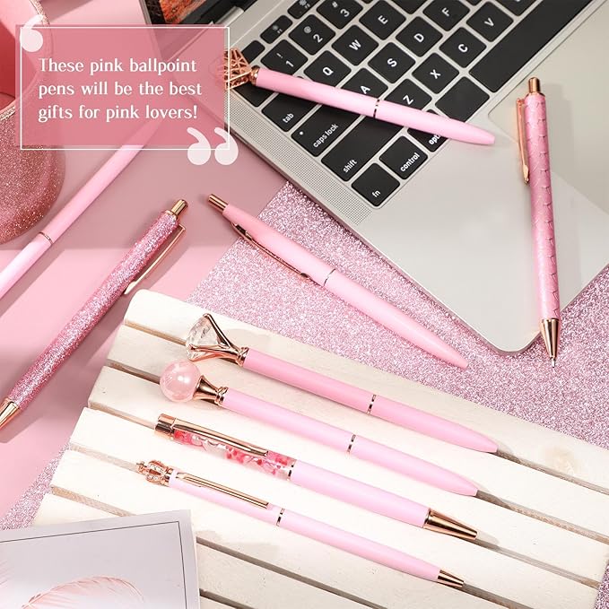 Janmini 9 Pcs Ballpoint Pens Set Metal Crystal Diamond Glitter Pens for Journaling Black Ink Pretty Cute Things Fancy Stationery Gifts for Women Girls Birthday Home Office Desk(Pink)