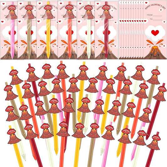 Cholemy 48 Sets Gifts Sets Include Motivational Ballpoint Pen with Greeting Card and Cable Ties for School Classroom Stationery Supplies Teacher Students Practical Gifts(Volcano)