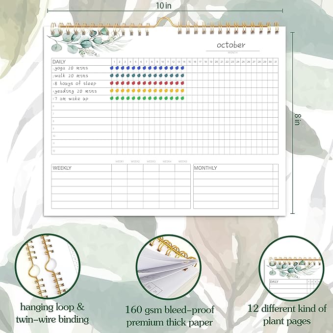Habit Tracker Calendar - 12 Months Undated Daily Weekly & Monthly Period Habit Tracker Journal, Greenery Floral, Spiral Binding & Hanger, 7.8"x10"