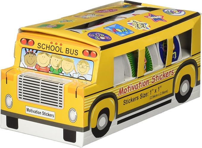 Juvale Teacher Reward Motivational Stickers - 6 Self-Adhesive Rolls (1080 Count) & 2 School Bus Dispensers - 1 in Multicolor Star, Square & Circle Designs - Classroom Essentials & Teacher Supplies