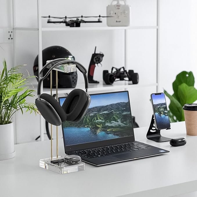 GEEKRIA Acrylic Headphones Stand, Headset Holder for Office Accessories, Clear Acrylic with Gold-Tone Hardware, Gaming Headset Stand, Universal Headphone Holder for Desktop Display (Clear)