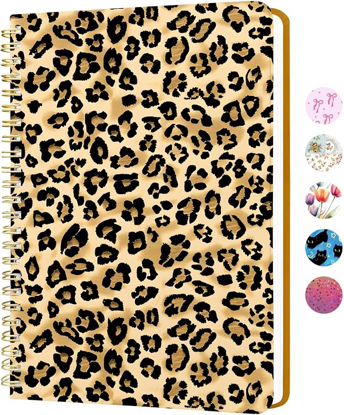 Stanoha Cute Spiral Notebook A5 Journal for Women Girls Kawaii Aesthetic Pretty Floral Design with Pocket, 8.5 x 5.7 inch, Graph, Leopard Print