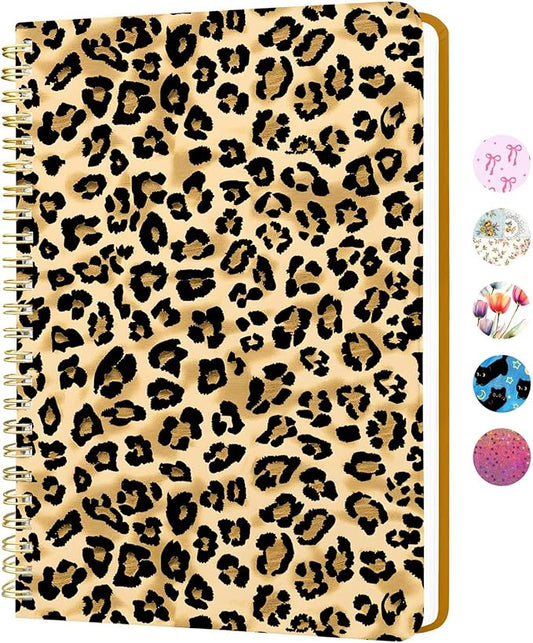 Stanoha Cute Spiral Notebook A5 Journal for Women Girls Kawaii Aesthetic Pretty Floral Design with Pocket, 8.5 x 5.7 inch, Graph, Leopard Print