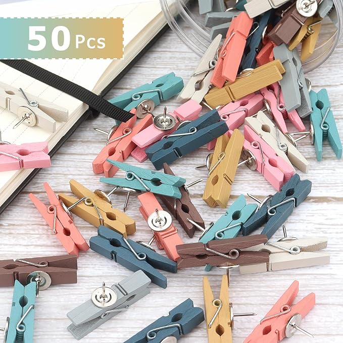50 PCS Wooden Clips Colorful Push Pins Tacks for Cork Board Artwork, Crafts Arts Projects(Morandi)