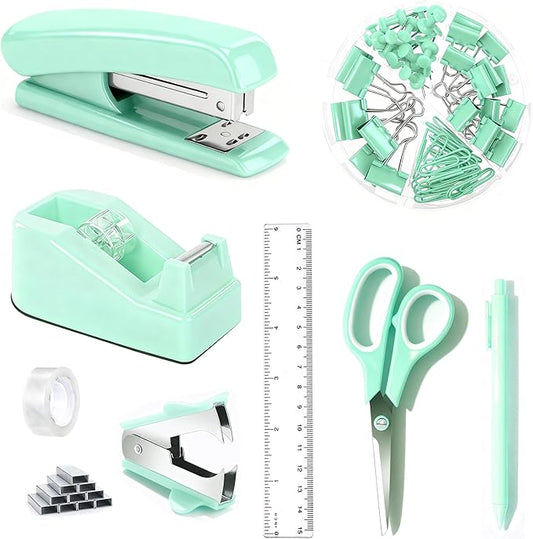 Green Office Supplies, Teal Desk Accessories Accessories with Tape Dispenser, Stapler, Staple Remover, 1000 Staples, Tape, Clips Set, Ruler, Scissor, Pen