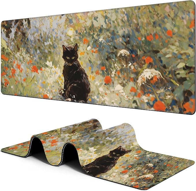 Large Gaming Mouse Pad for Desk Garden Cat Big Desk Mat Extended Mousepad with Stitched Edge and Non-Slip Base Long Computer Keyboard Mouse Mat for Home Office Work, 11.8 x 31.5 Inch