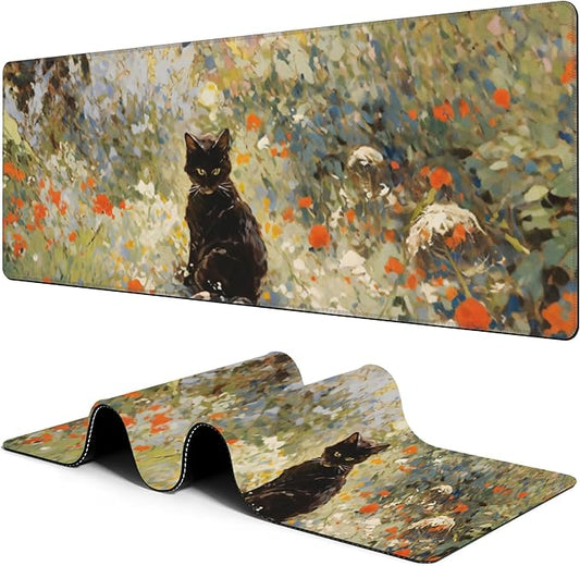 Large Gaming Mouse Pad for Desk Garden Cat Big Desk Mat Extended Mousepad with Stitched Edge and Non-Slip Base Long Computer Keyboard Mouse Mat for Home Office Work, 11.8 x 31.5 Inch