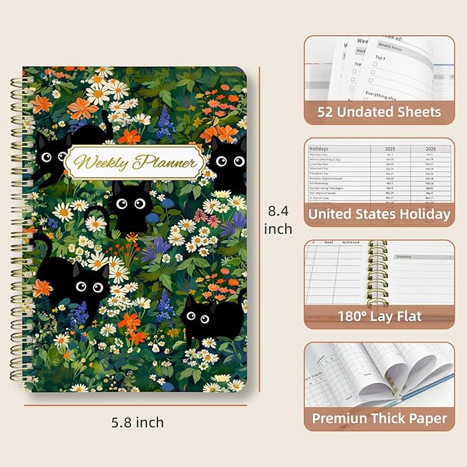 Weekly Planner Undated - 52 Weeks To Do List Notebook A5 for Work: Weekly Task, Habit Tracker Journal, Goal Setting, Agenda Sprial Bound Organizer Book Women Cute Stylish Design, Cat Garden