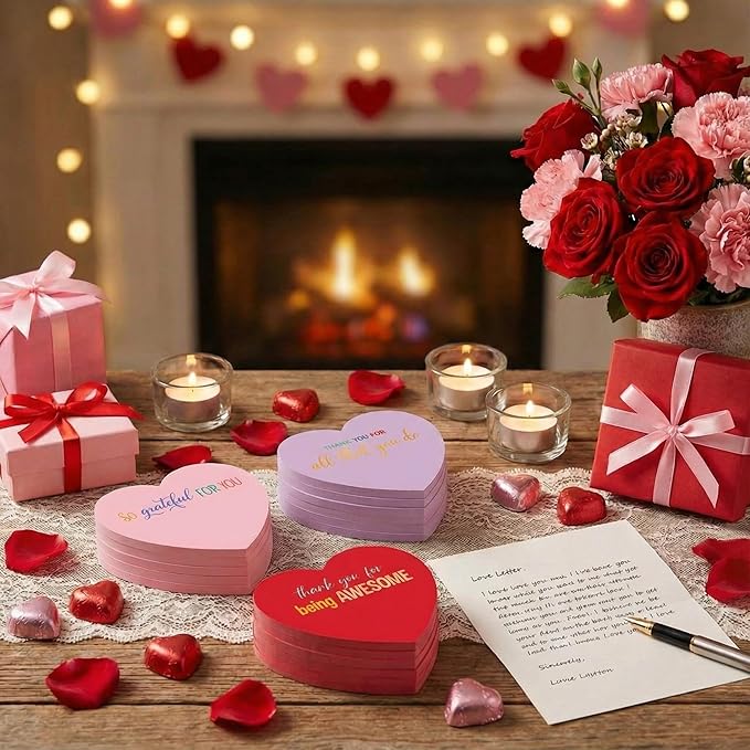 Teling 24 Pack Valentine's Day Sticky Notes Heart Shape Sticky Notes 3 x 3 Inch Thank You Notepads Bulk Cute Memo Pads for Valentines Party Gifts School Office Supplies (Red Pink Purple)