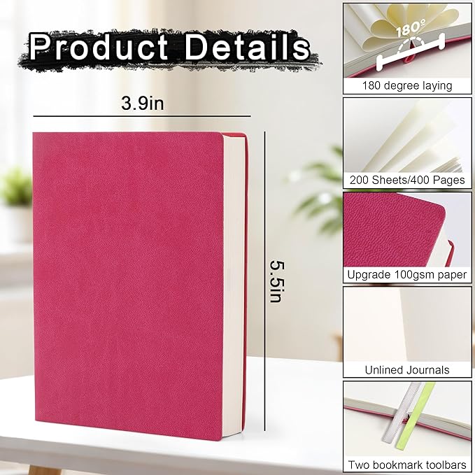 DreamDove Thick Blank Journal Notebook 400Pages Hardcover Sketch Book Notebook Blank Journal Unlined No Lines Soft Leather Cover A6 (3.9 × 5.5) Journal Leather Notepad Drawing Book Memo Writing Sketch Pad Diary Notebook (Raspberry Pink-400 page)