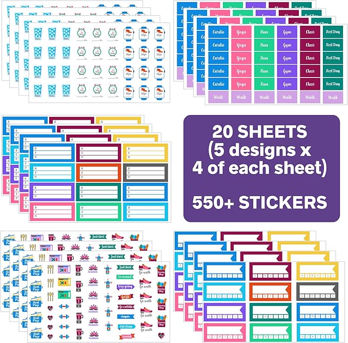 Health and Fitness Planner Stickers Set - Large Value Pack 20 Sticker Sheets - Health, Exercise, Weight Tracking and Meal Planning - Custom Design Accessories and Supplies for Bullet Dotted Journals
