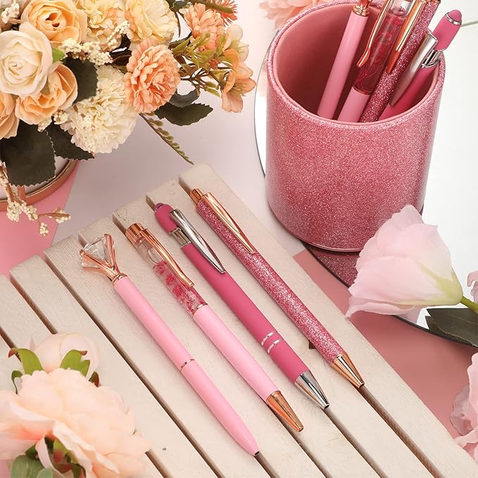 Sabary 8 Pcs Pink Pens with Pen Holder for Desk Glitter Crystal Diamond Cute Ballpoint Fancy Pencil Holder Bling Desk Organizer for Women Girls Gifts School Office Valentine Supplies