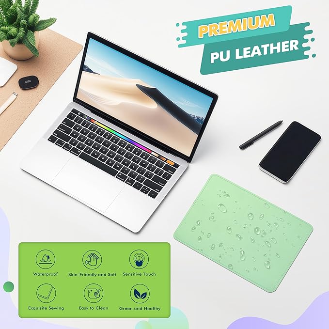 PU Leather Mouse Pad With Stitched Edge, Micro-Fiber Base, Non-Slip Waterproof for Computers, Laptop, 8x11 Inch (Natural Green)