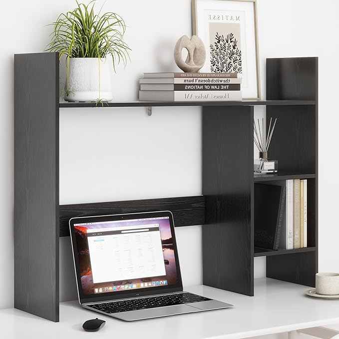 Desktop Bookshelf, Wood Desk Organizer Hutch with 3 Shelves for Computer Desk, 37.4'' Multipurpose Display Rack with Storage for College Dorm Office Home, Black