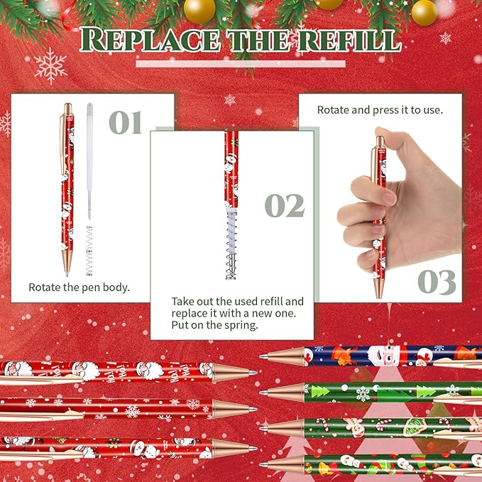 Sherr 7 Pcs Fancy Pens for Women Cute Sparkly Glitter Pens with 10 Pcs Black Ink Refills Pretty Gifts for Girls Office School Christmas Graduation(Santa)