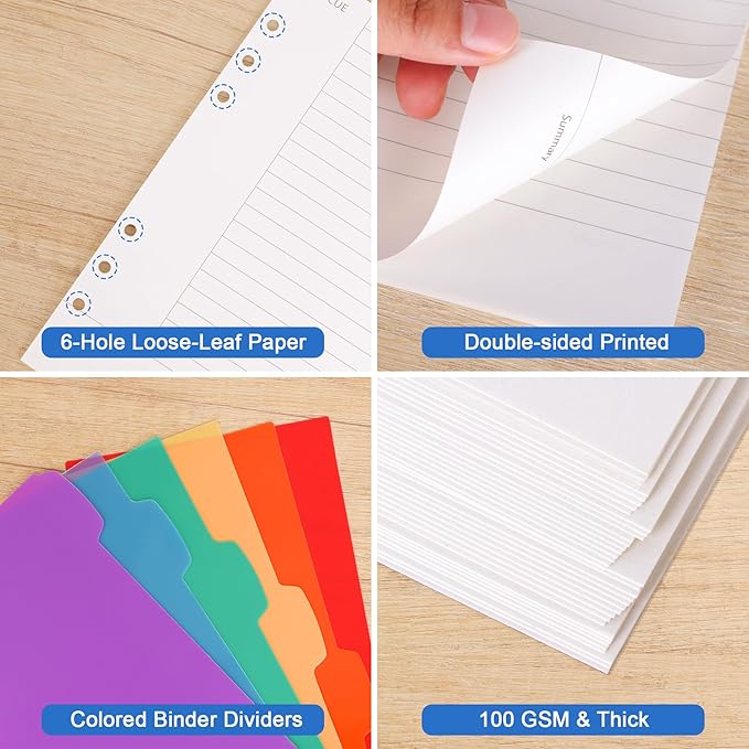 Antner A5 Cornell Notes Refill Paper for A5 6-Ring Binder, 135 Sheets 6-Hole Filler Paper with Note/Cue/Summary Sections & 12 Dividers for Refillable Notebook, Bullet Journal & Meeting Planner Inserts
