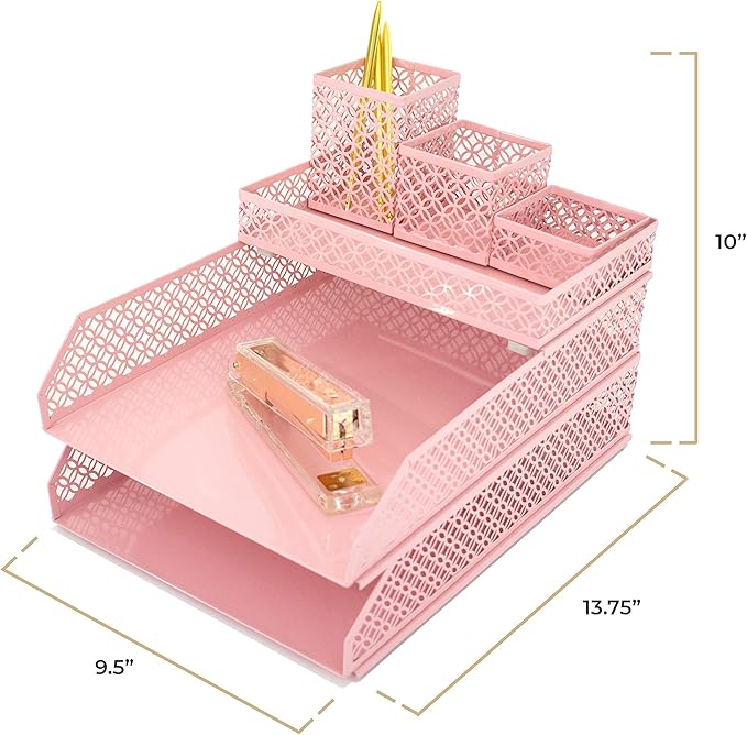 BLU MONACO Pink Desk Organizer Set for Women | 6-Piece Interlocking Office Supplies Set with Pen Cup, Accessory Trays & Letter Trays | Pink Room Decor for Workspace, Home Office & Study Areas