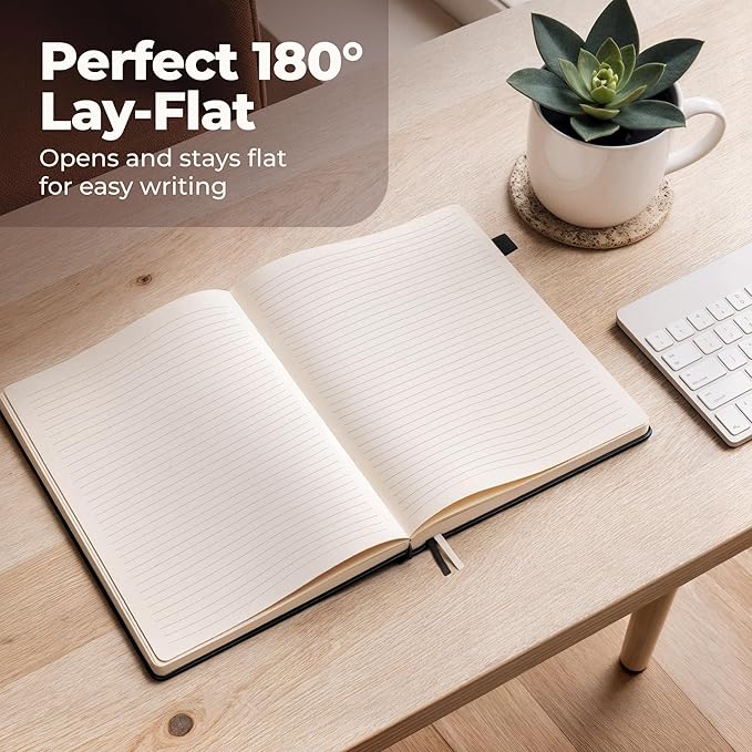 Classic Lined Journal Notebook 8.5x11" A4 Hardcover Leather - Black - 200 Pages College Ruled Large with Sticky Tabs, Pockets, and Pen Loop for Writing and Journaling - Big Hardback Men and Women