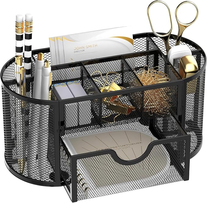 SUPEASY Mesh Desk Organizer, Desk Accessories & Workspace Organizers with Drawers, Pencil Holder for Desk with 9 Compartments for Office Supplies, 8.6 x 4.3 x 4.1 Inch, Black