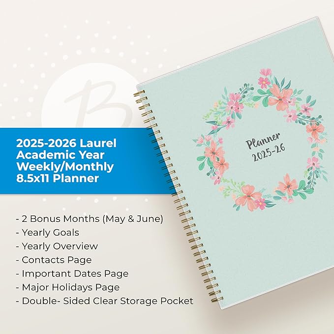 Blue Sky Weekly and Monthly Academic Year Planner Calendar, July - June, Flexible Cover, Wirebound, Laminated Tabs, Laurel (Laurel- 2025/2026, 8.5" x 11")