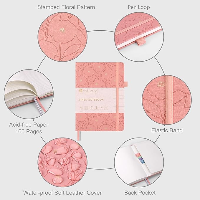 &And Per Se Lined Journal Notebook for Women&Men with Pattern, 160 Pages 100GSM Thick Paper, A5 Hardcover Journals for Writing, Valentine's Day Gift Journal for Her (1 Pack, Peach Pink)