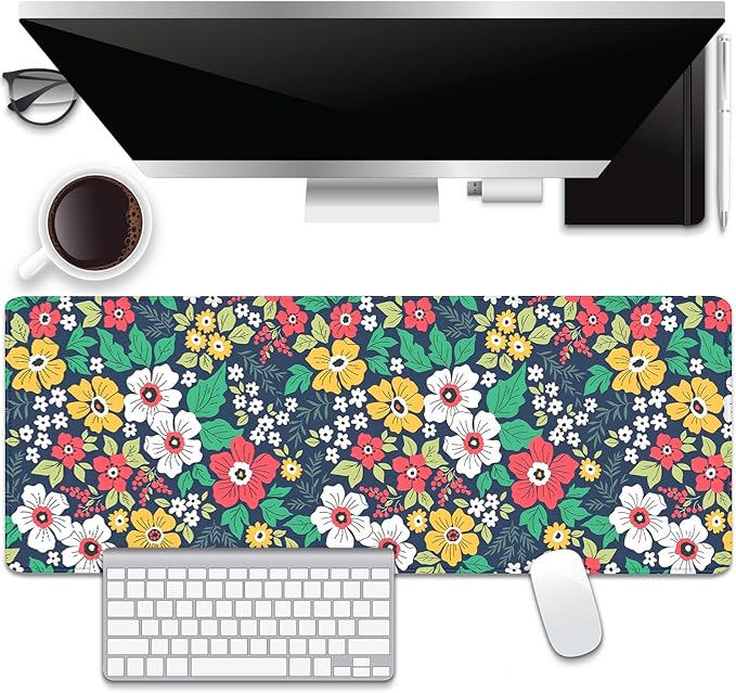 Colorful Floral and Green Leaves Desk Pad Mouse Pad,Flowers XL Mouse Mat with Stitched Edges,Non-Slip Rubber Base Large Mousepad for Office PC Keyboard Laptop and Homework Desk Mat(31.5X11.8 in)