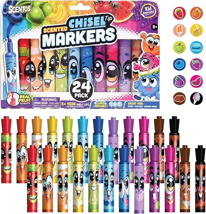 Scentos Fruit Scented Chisel Tip Markers, 24 Pack, Kid Approved, Super Washable, for Posters and Science Fairs, Assorted Colors