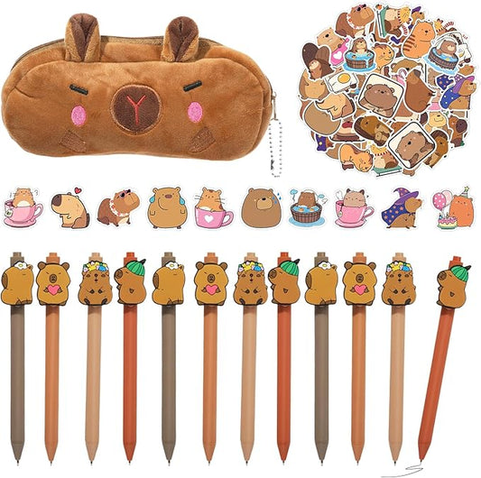 Capybara Stationery Set, 63 Pcs Kawaii School Supplies with Plush Pencil Case, Gel Pens & Stickers - Cute Valentine's Day Gifts for Girls & Girlfriend, Aesthetic Kids Gifts & Party Favors