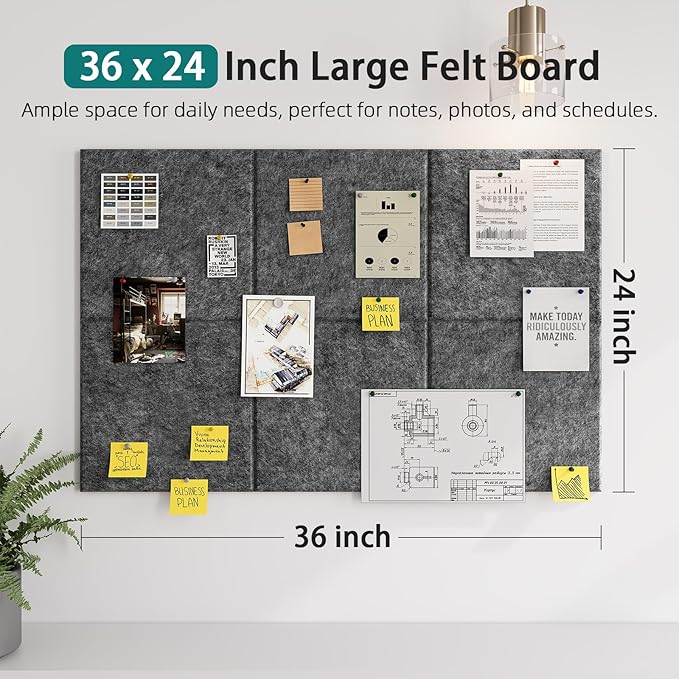 Felt Cork Board for Wall: Extra Large Bulletin Board for Office - 0.5 Inch Thick Corkboard Tiles 6 PCS Grey Pin Board Squares Adhesive