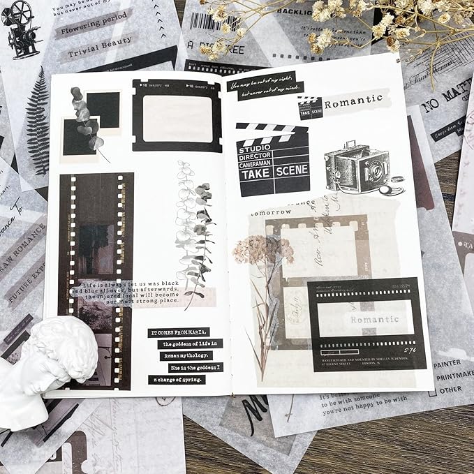 Vintage Washi Stickers Book for Journaling, 180pcs Aesthetic Film Journal Stickers and 20 Sheets Adhesive Scrapbook Papers for Junk Journal Supplies Ephemera Sticker Book for Adults DIY Art Crafts