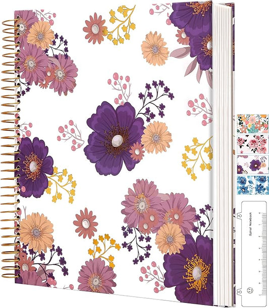 CAGIE Hardcover Spiral Journal Notebook 8.5 x 11, 200 Pages Floral Spiral Notebook with Pockets, Large Spiral Bound Notebooks for Women Girls Note Taking, Purple