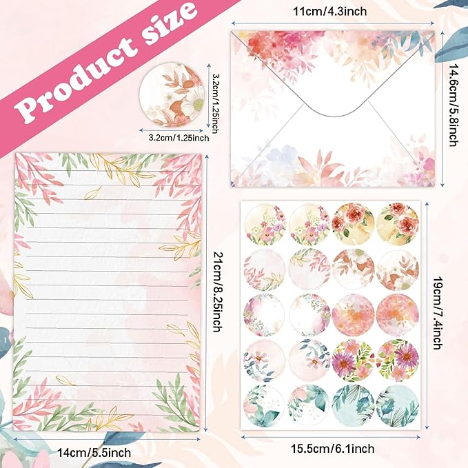 160 Packs Lined Stationery Paper Set (50 Single-Sided Stationery Writing Papers 50 Matching Envelopes) 60 Round Dot Sticker, 10 Designs Vintage Stationary Paper Kit,5.5 x 8.25 Inch. (Vintage Flower)